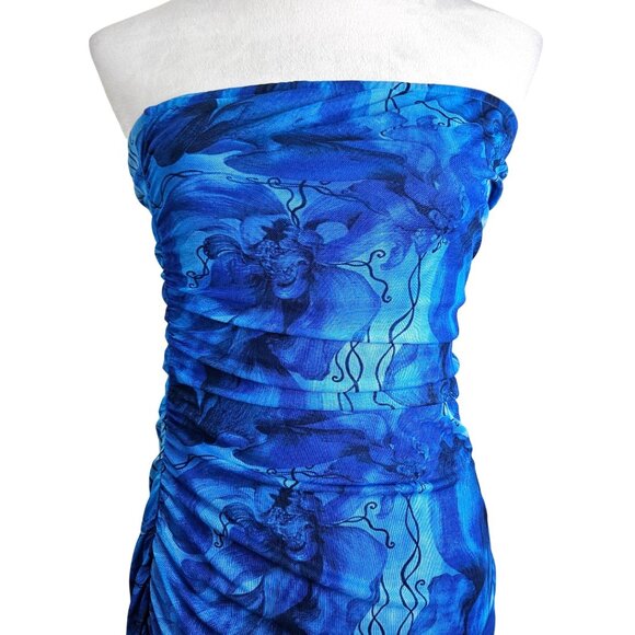 Womens Elegant Large Strapless Tube Top Blue Floral Bodycon Maxi Dress Party - Picture 6 of 12